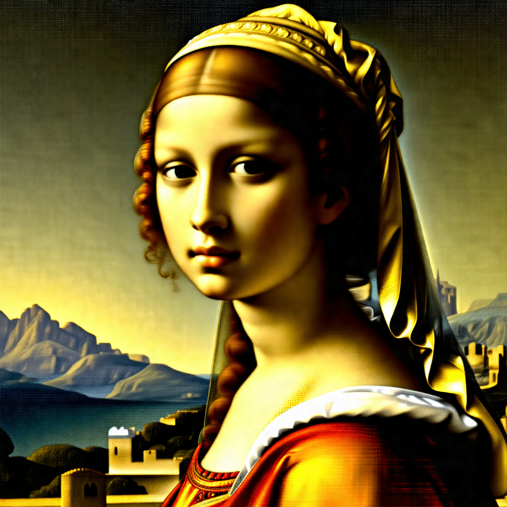 Painting of a woman wearing a red dress, a gold headband,...