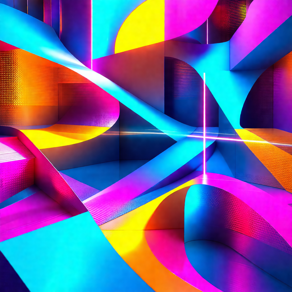 Colorful and abstract artwork featuring a series of inter...
