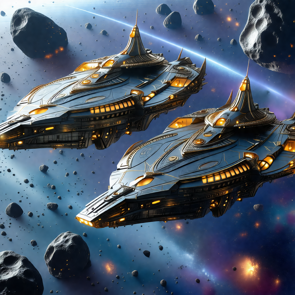 Two spaceships, each with a unique design, flying through...
