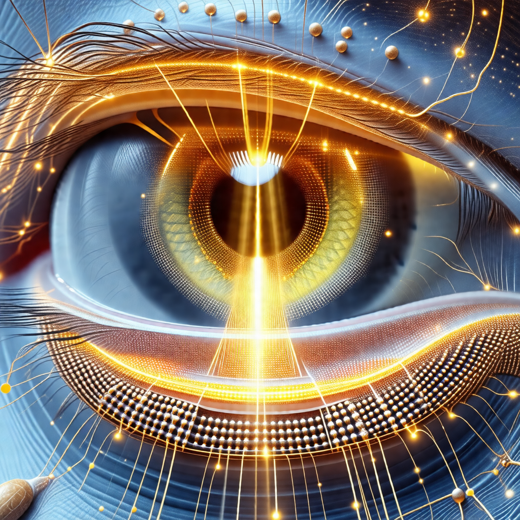 Close-up of a human eye, with a bright yellow light shini...