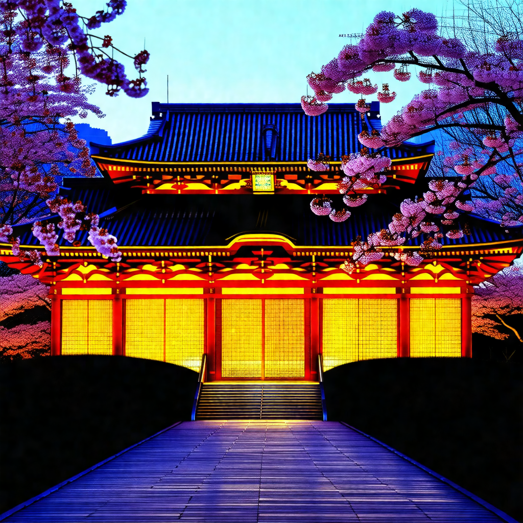 Large, colorful building with a red roof, likely a temple...