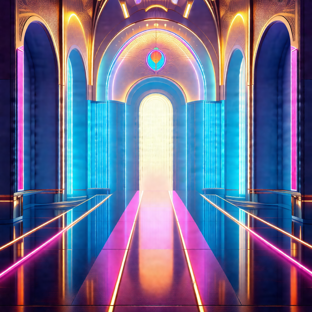 Large, colorful cathedral with a long hallway