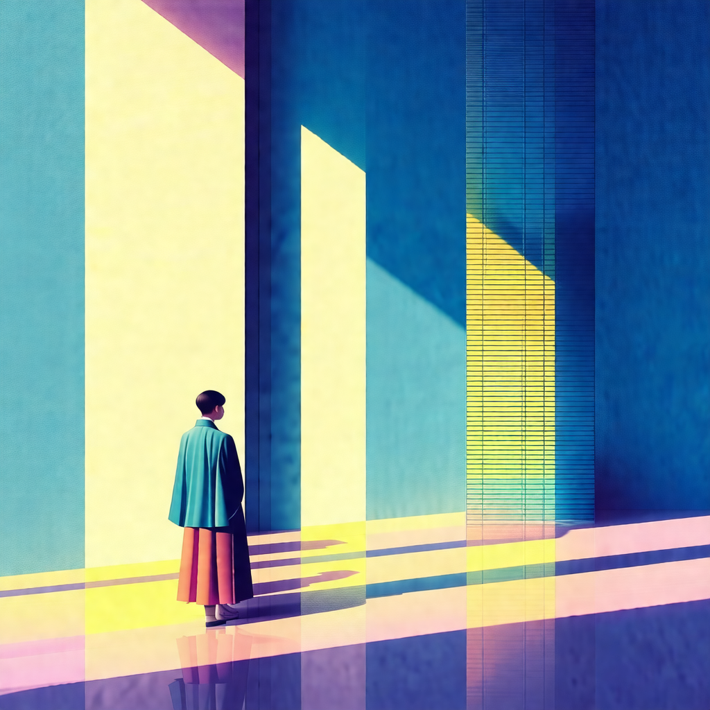Woman standing in a room with a blue wall