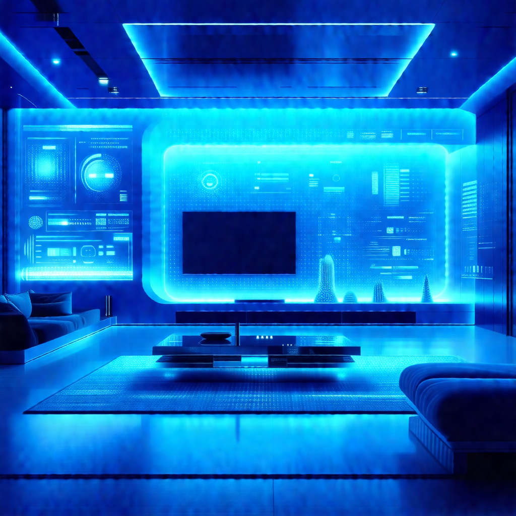 Futuristic living room with a blue and white color scheme