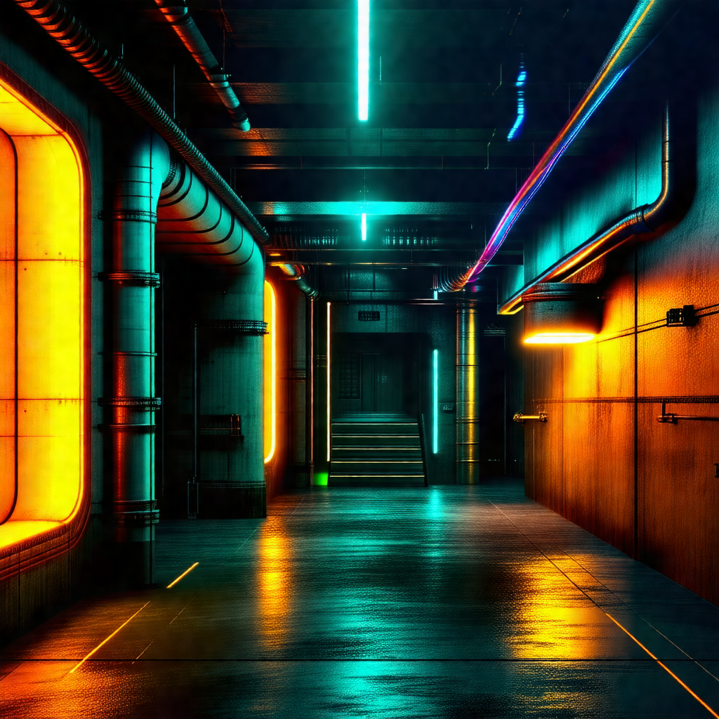 Computer-generated (cgi) rendering of a large, dark room ...