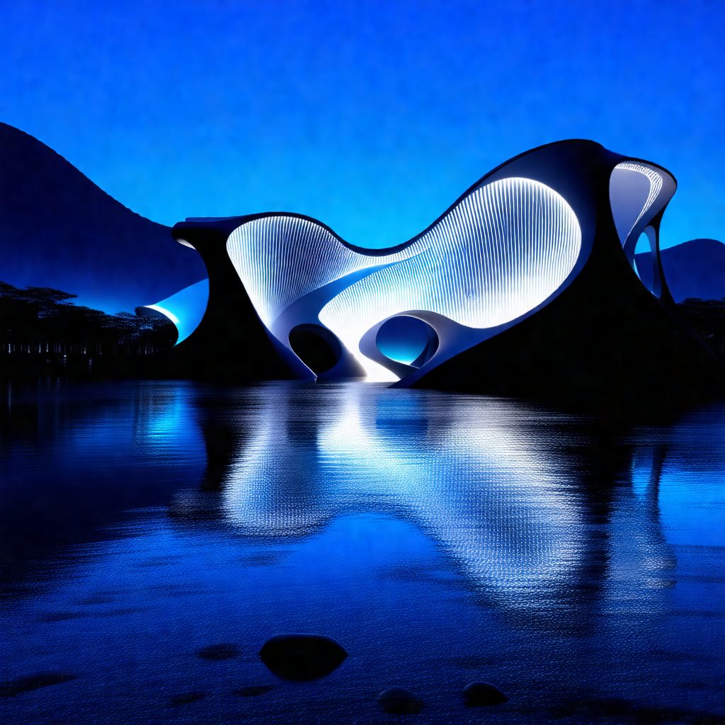 Large, modern building situated next to a body of water