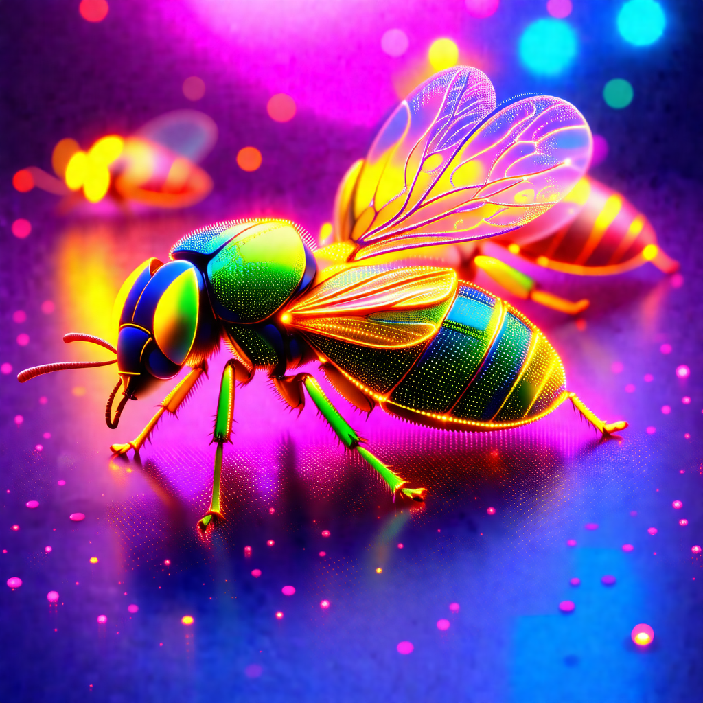 Colorful, neon-lit beetle, possibly a dragonfly, sitting ...