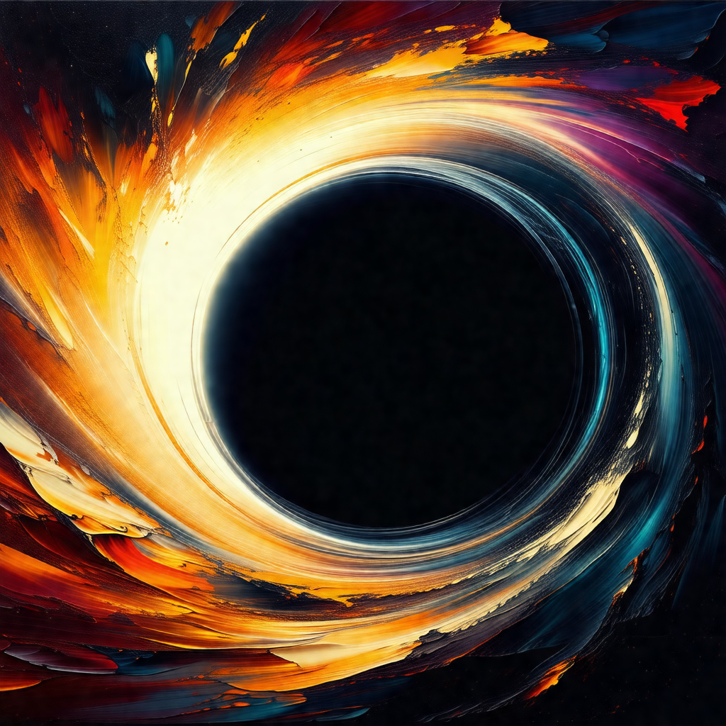 Large, colorful, and abstract painting of a black hole