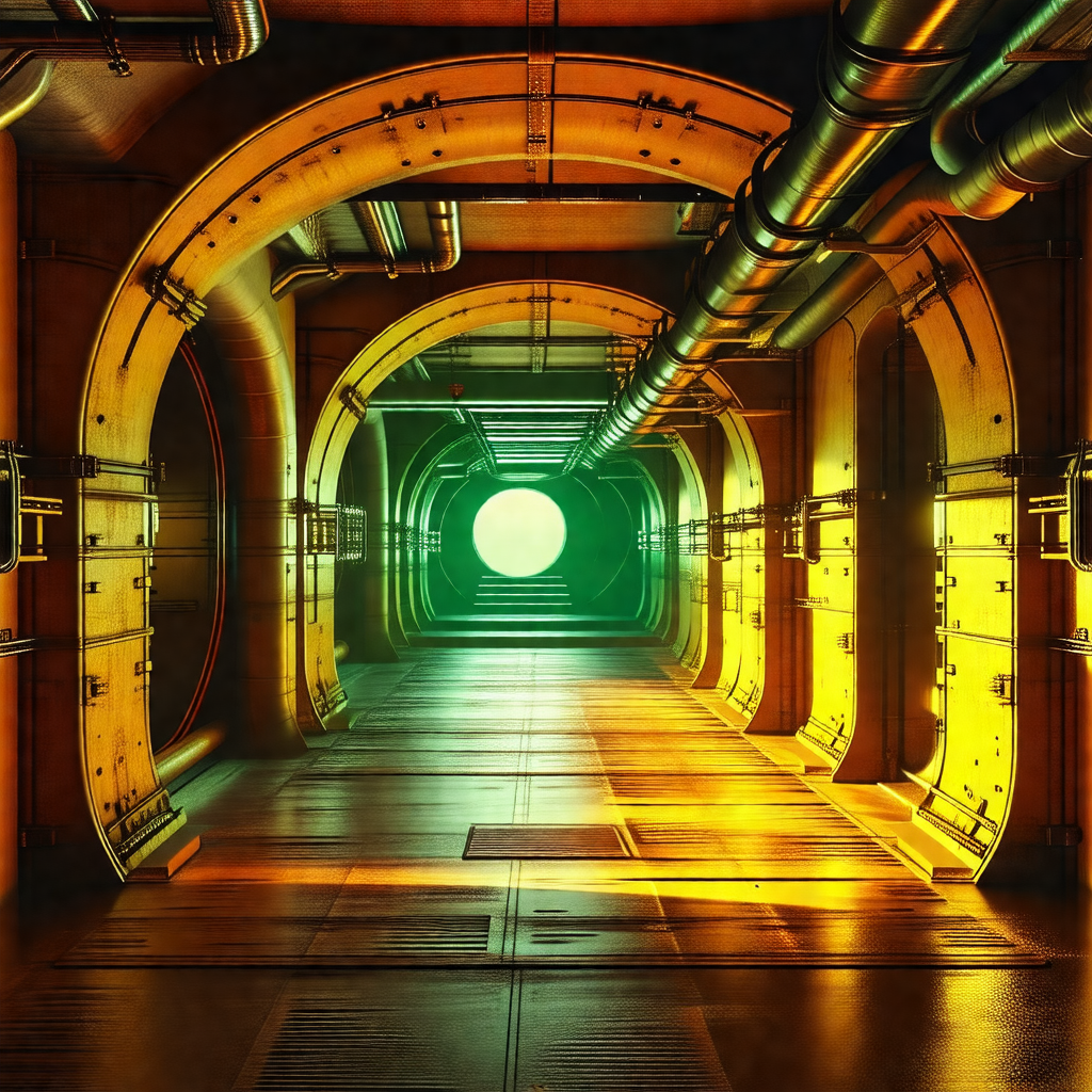 Large, brightly lit tunnel with a green light illuminatin...