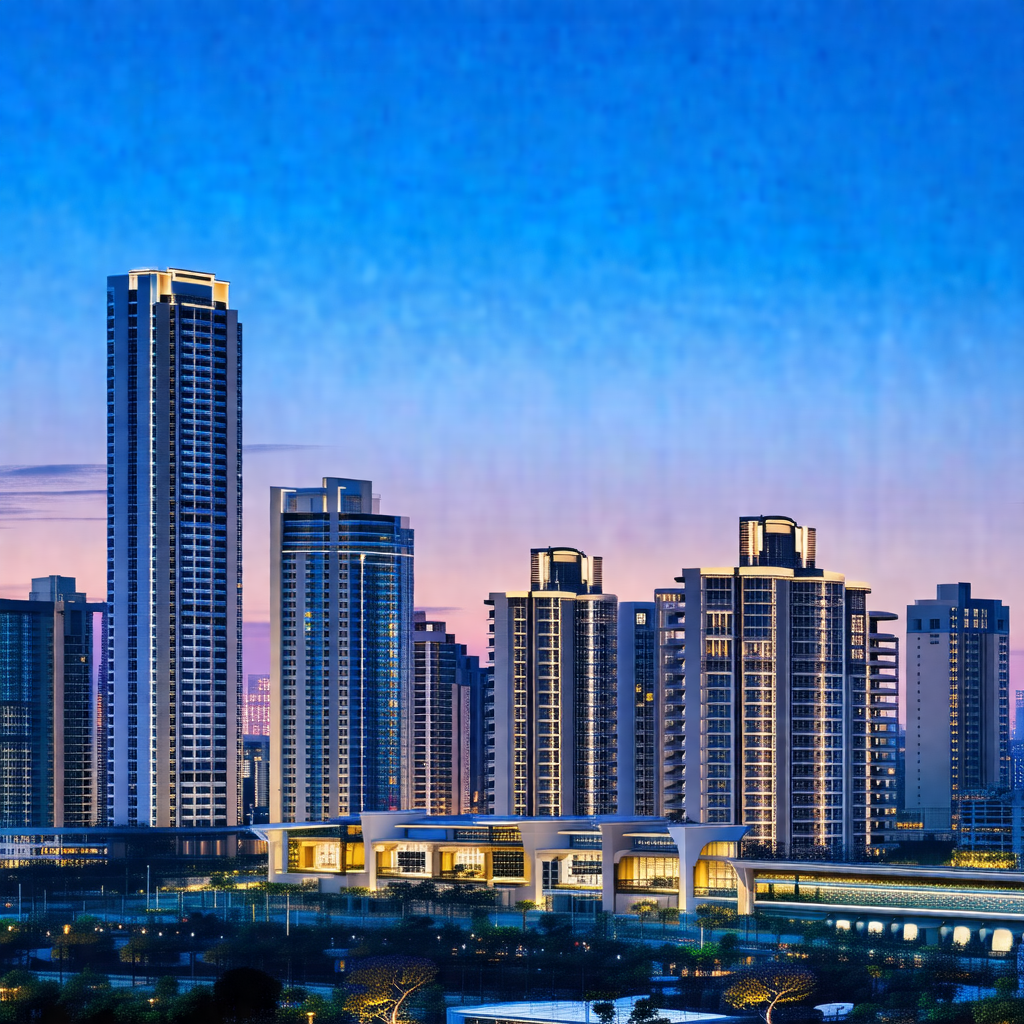 Nighttime view of a city skyline, featuring a large build...
