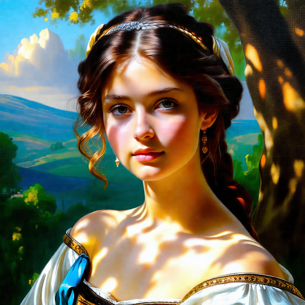 Beautiful woman with long, flowing hair, wearing a white ...