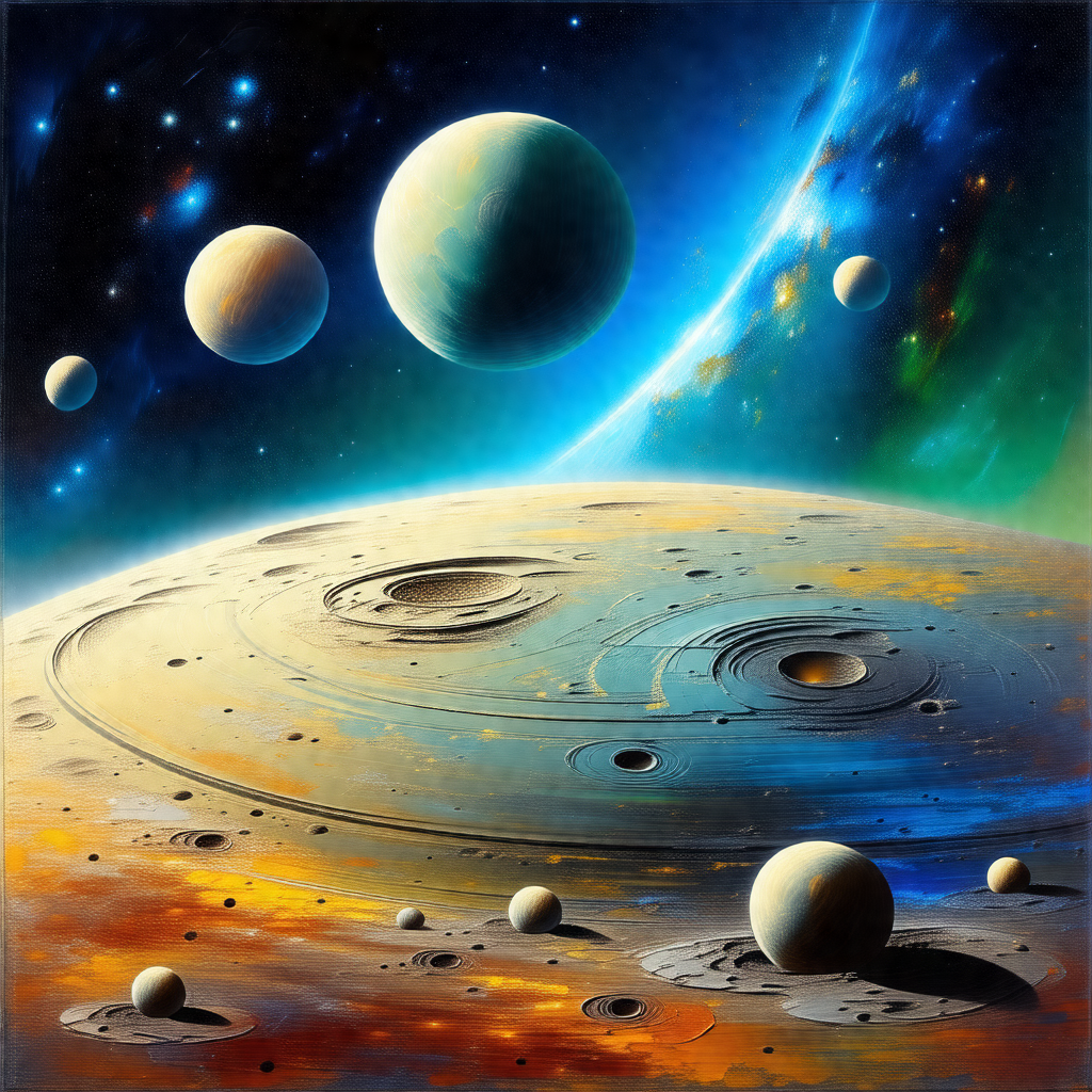 Painting of a planet with a ring of moons surrounding it