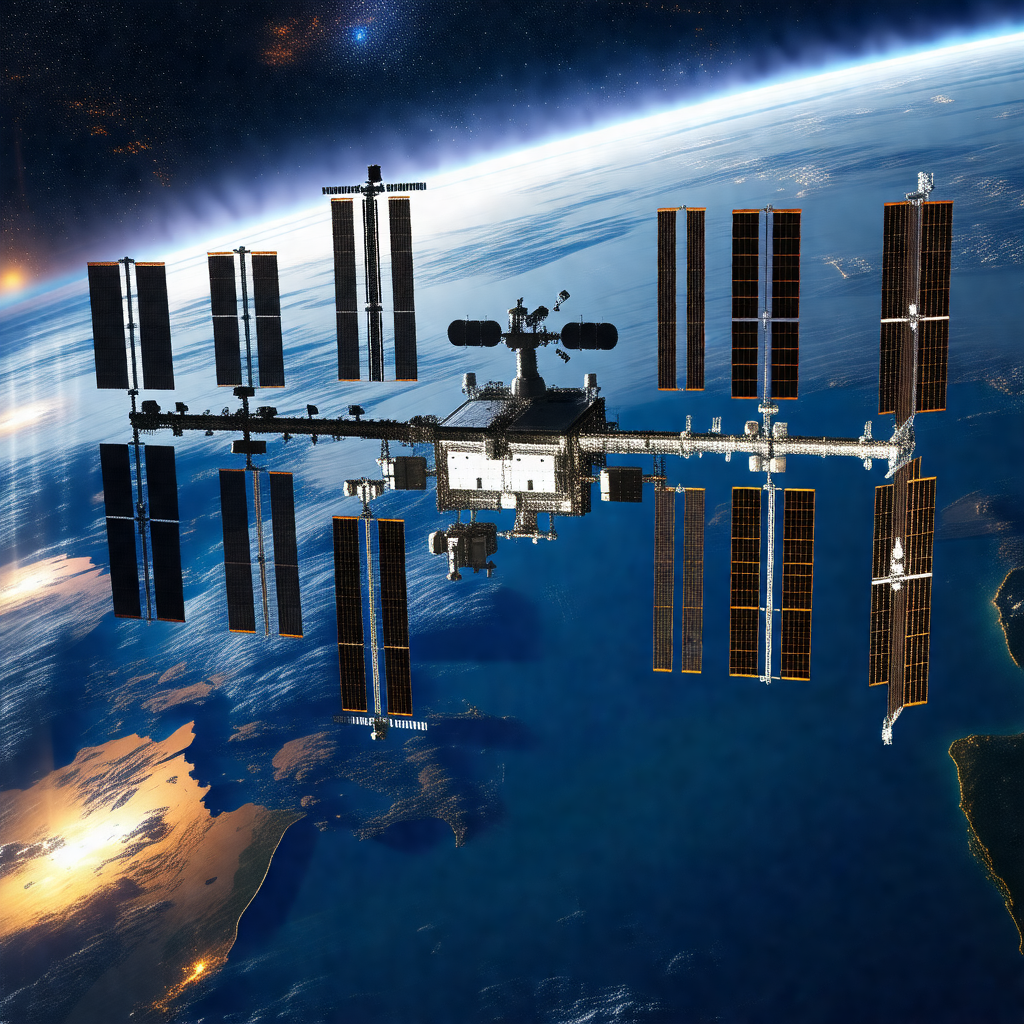 Space shuttle with a large satellite on top of it, flying...