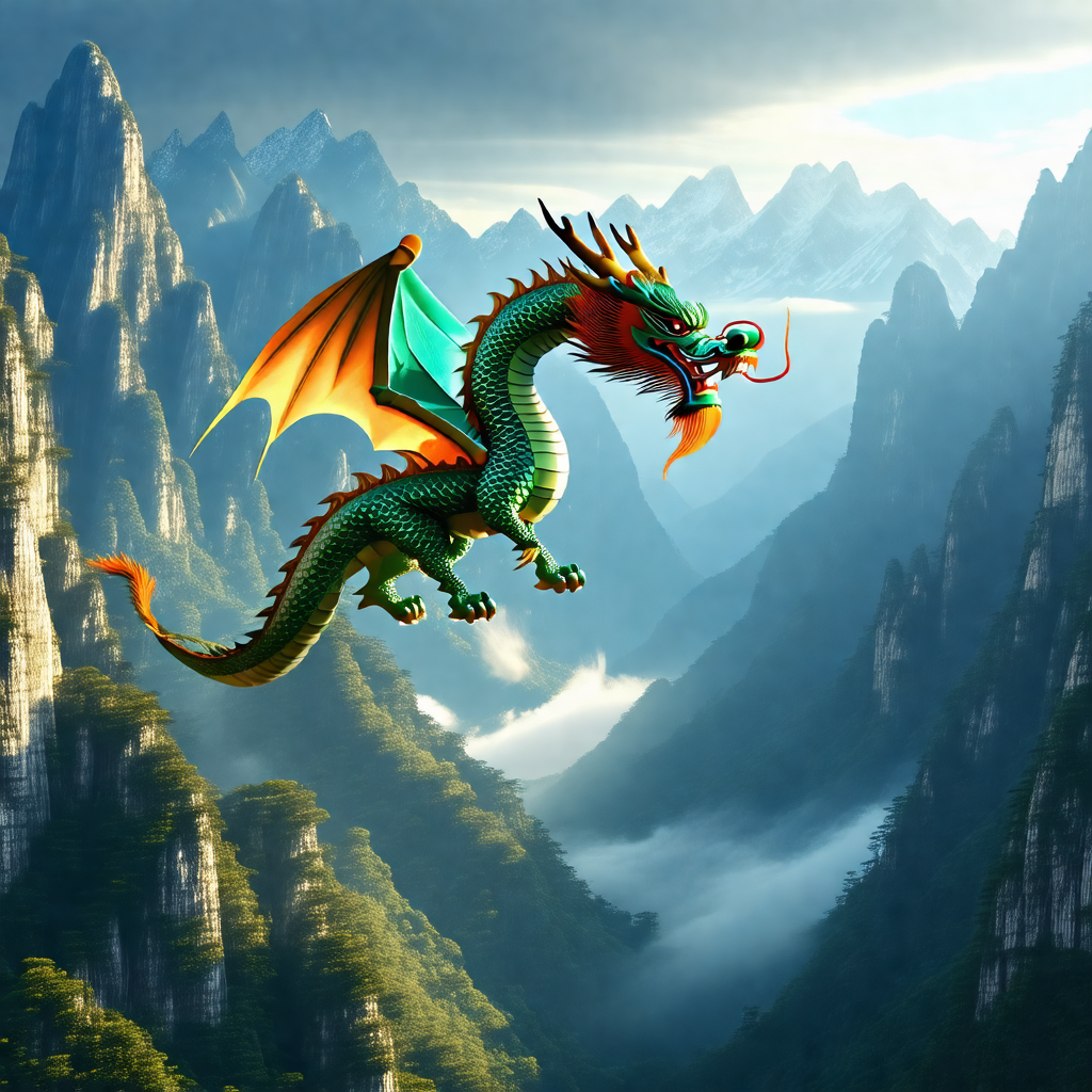 Green dragon flying through the air, with its mouth open