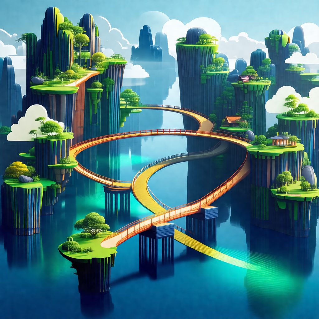Colorful, animated cartoon of a bridge crossing a body of...