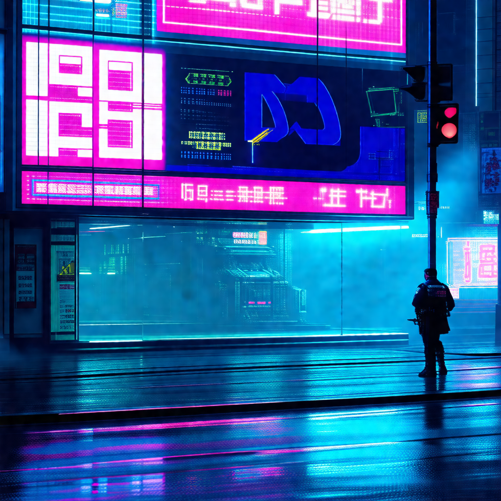 City street at night, with a man standing on the sidewalk