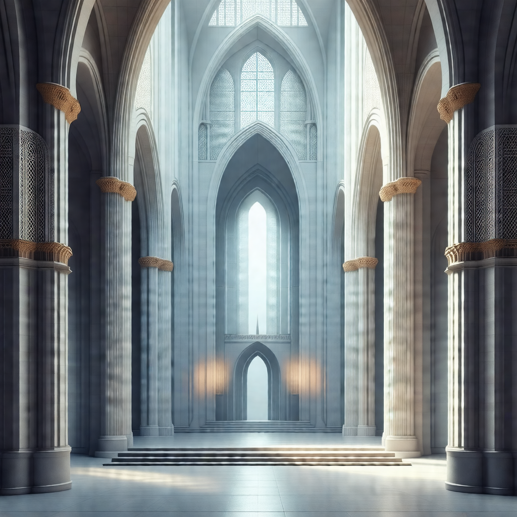 3d rendering of a large cathedral with a tall, pointed ar...
