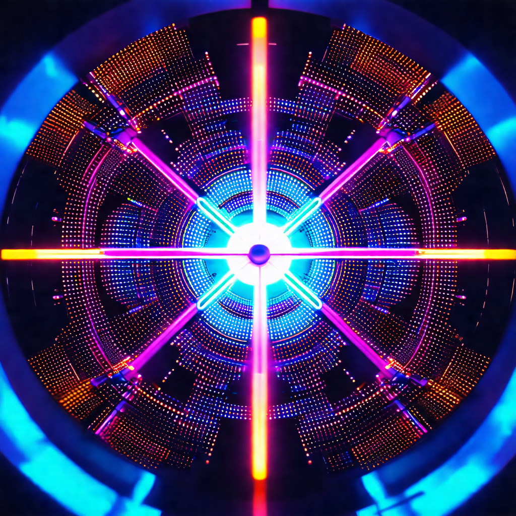 Close-up of a brightly lit, colorful, and futuristic machine
