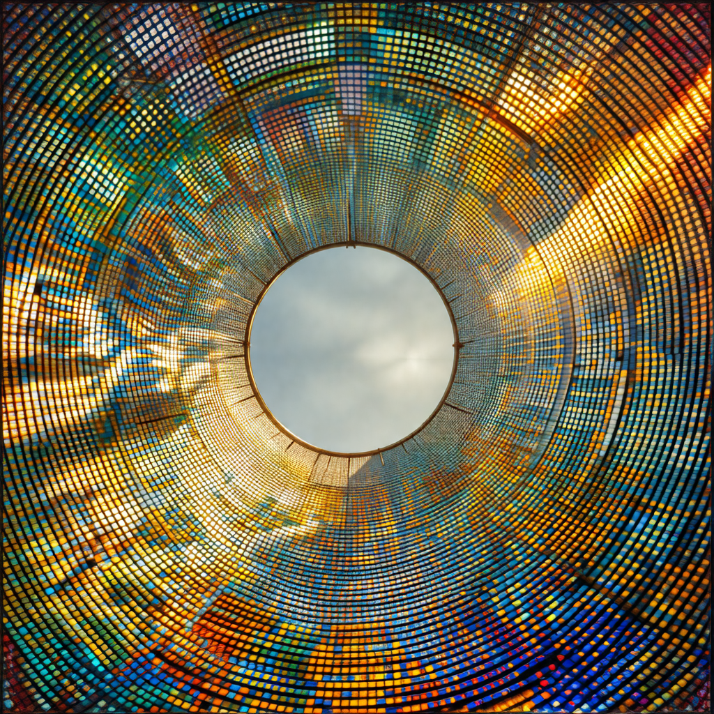 Colorful, abstract art piece featuring a large, circular ...