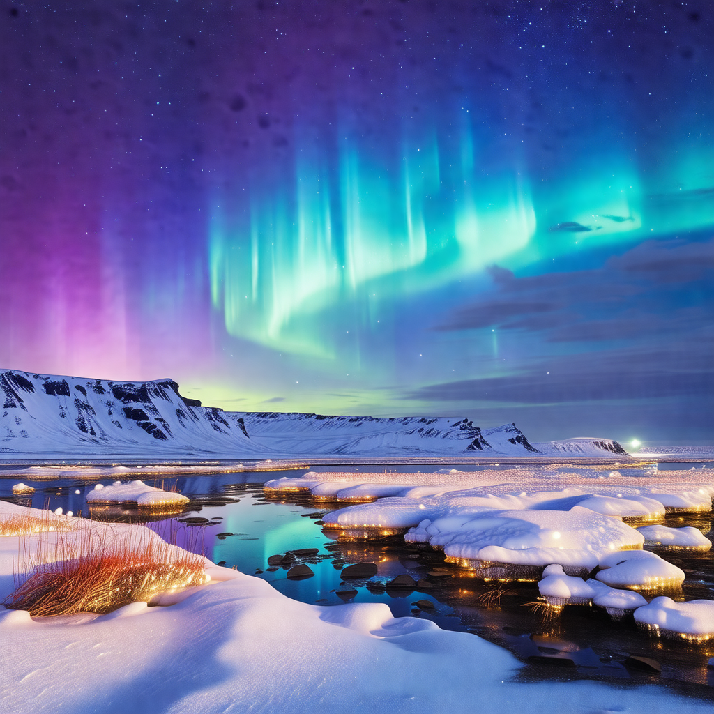 Captures a beautiful night scene with a snow-covered land...