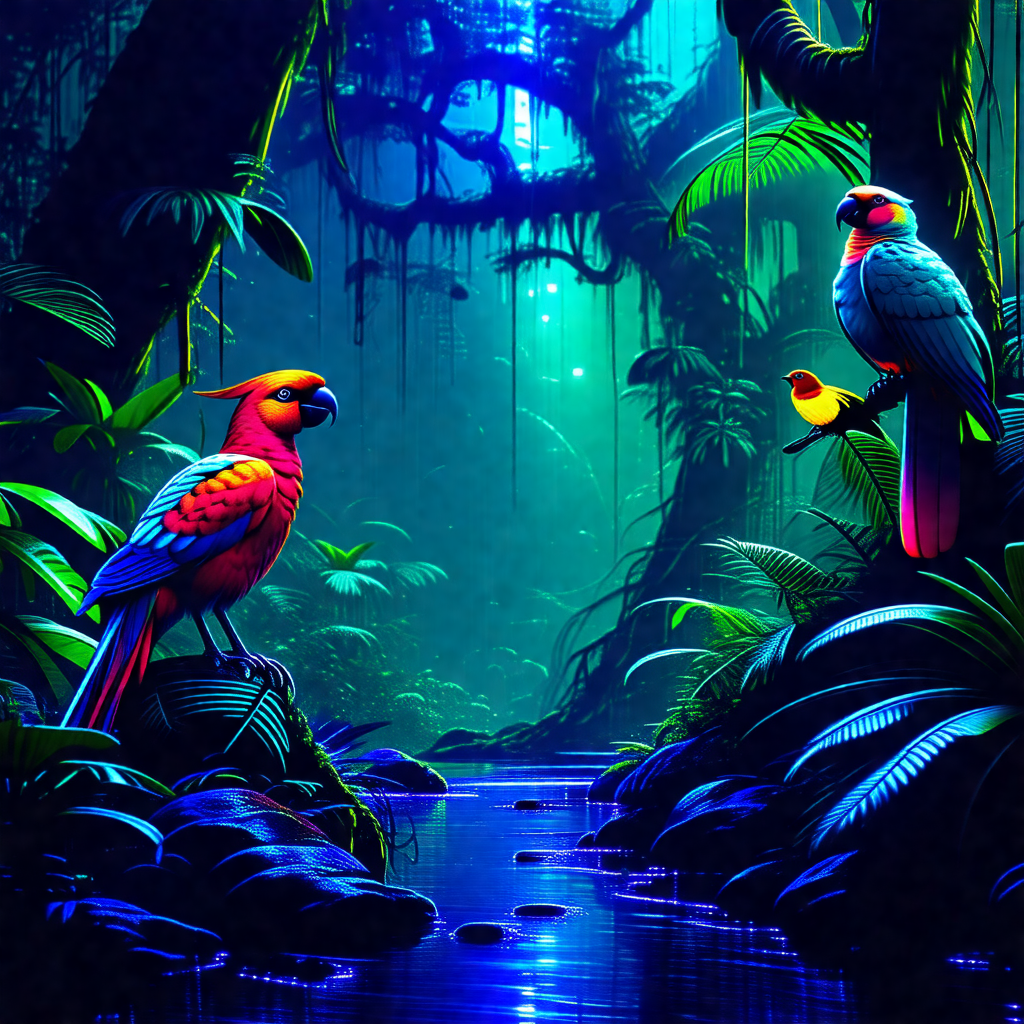 Lush, tropical forest with two colorful birds perched on ...