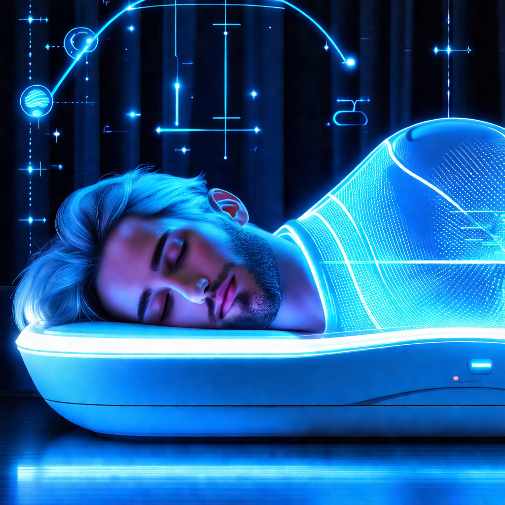 Man lying down in a bed, with a blue light illuminating h...