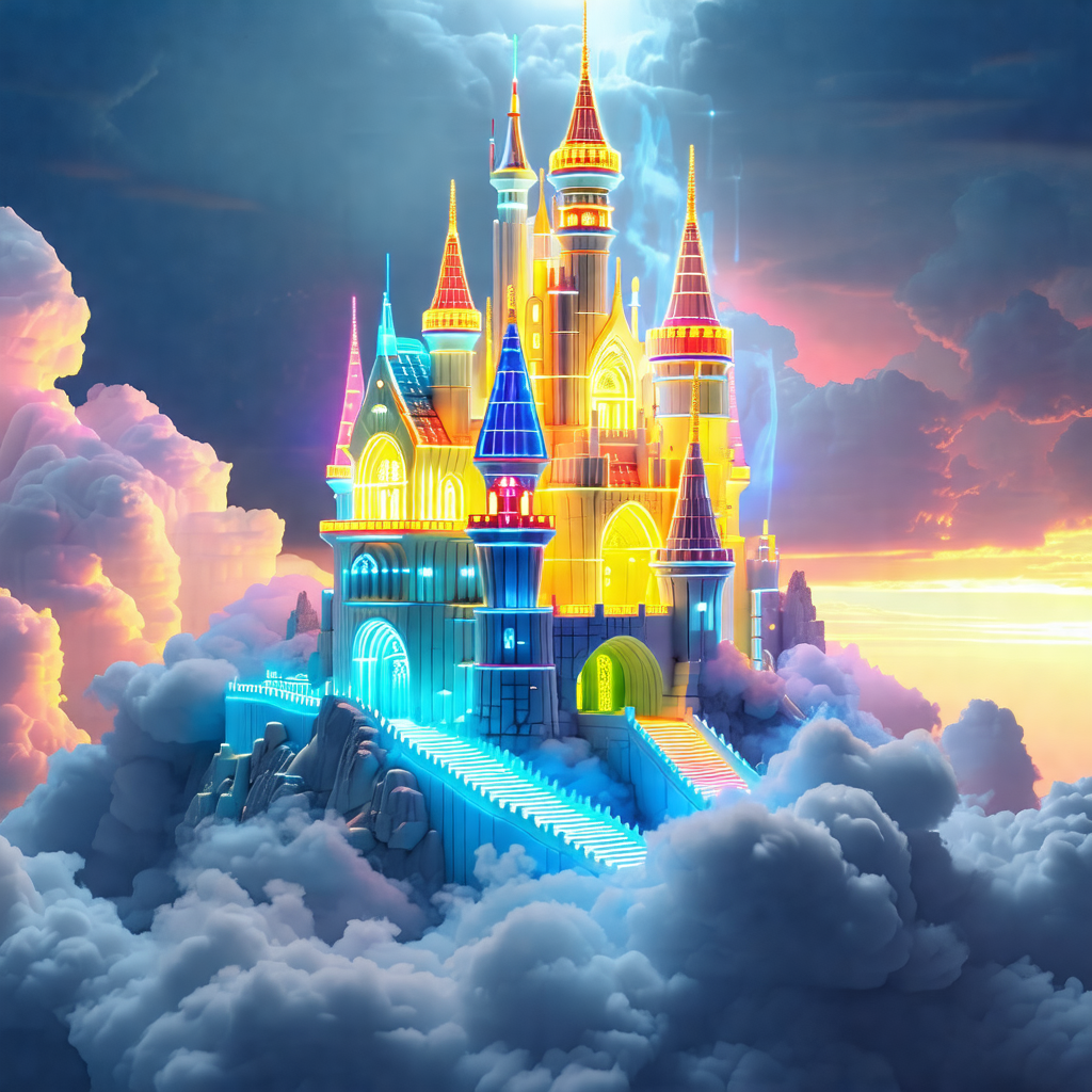 Colorful, fantasy-like castle with a rainbow-colored facade