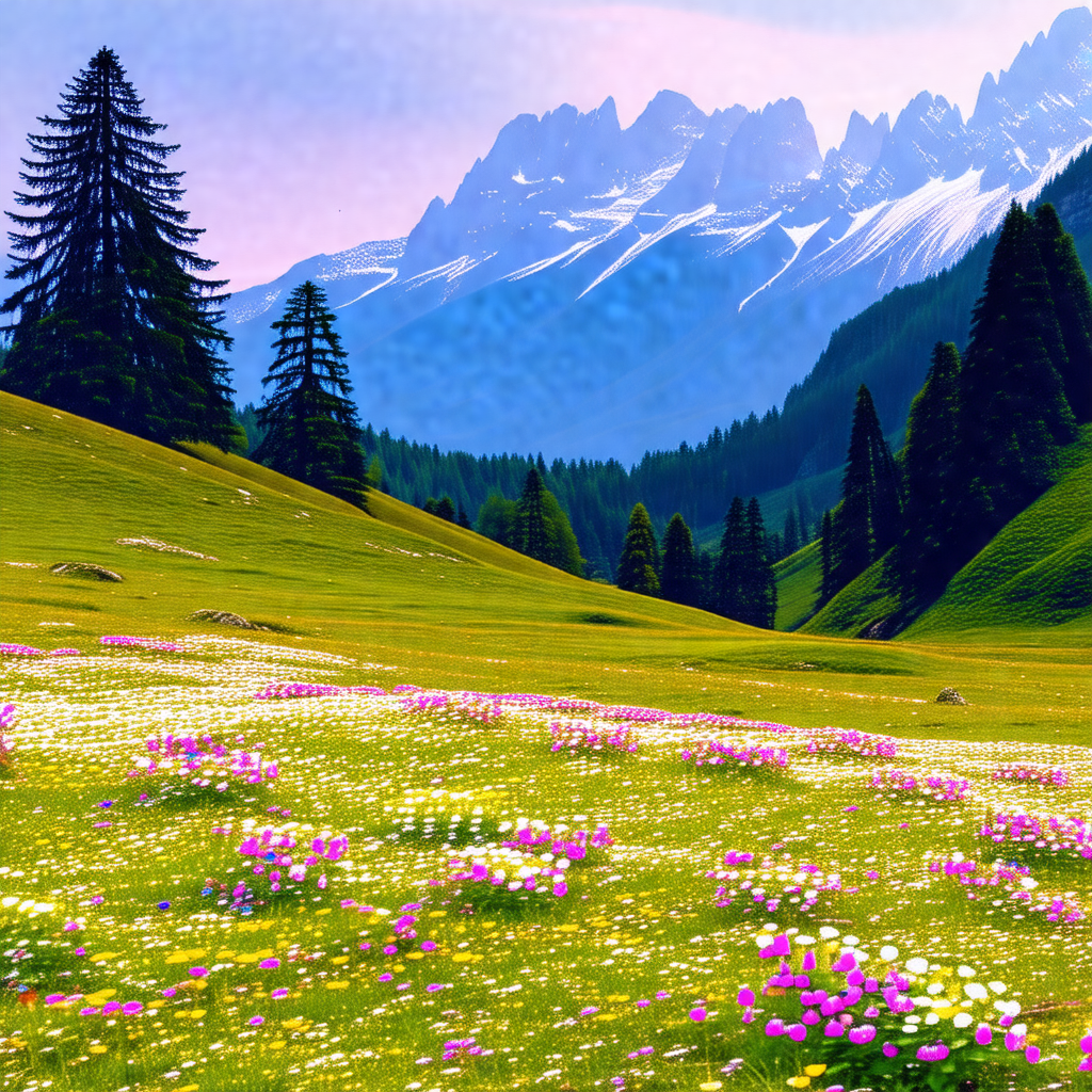 Beautiful, lush green field with a mountain range in the ...