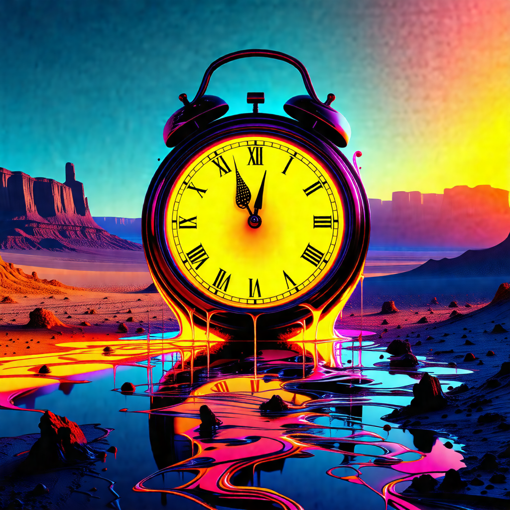 Large, colorful clock sitting in a body of water, possibl...
