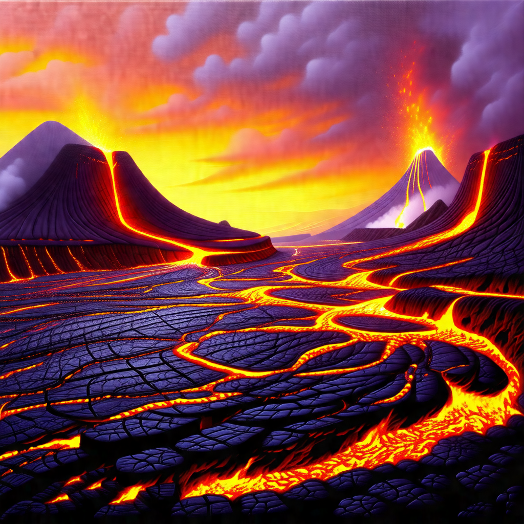 Painting of a volcanic landscape with two large, red, and...
