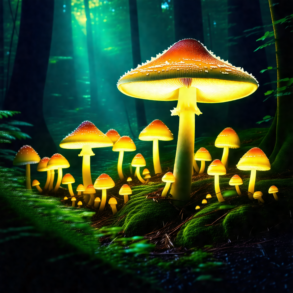 Forest with a large mushroom growing in the middle of the...
