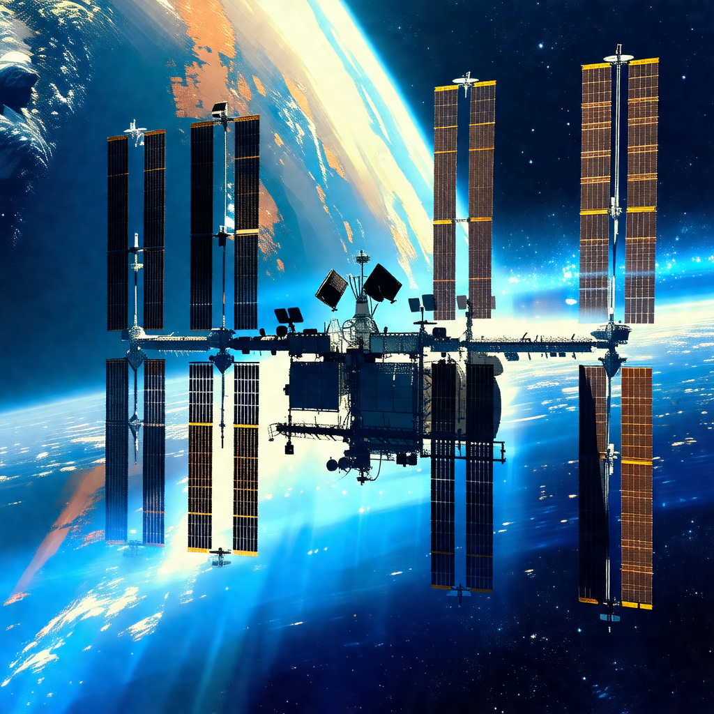 Space station with a large dome-shaped structure, which i...