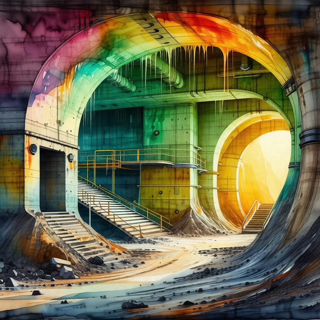 Painting of a tunnel with a rainbow-colored ceiling