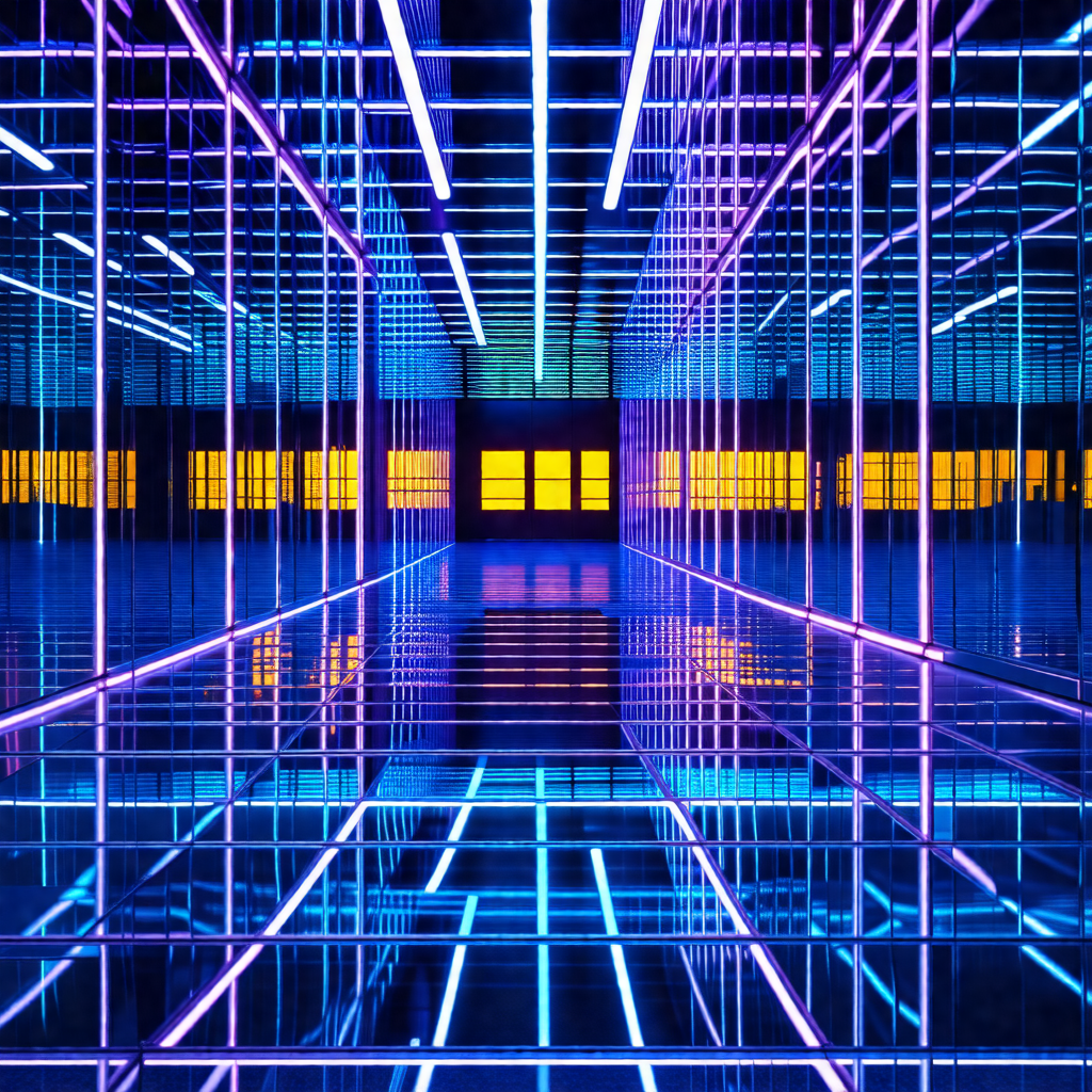 Large, open room with a blue and purple lighting system