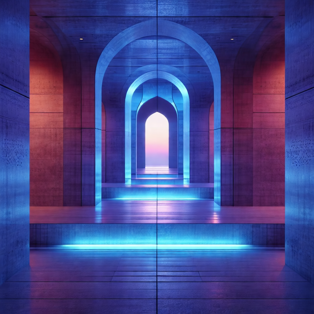 Long, narrow hallway with a blue light illuminating the s...