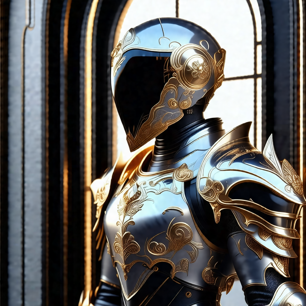 Futuristic robotic suit with a helmet, standing in front ...