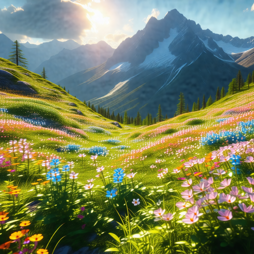 Beautiful, lush green field with a mountain range in the ...