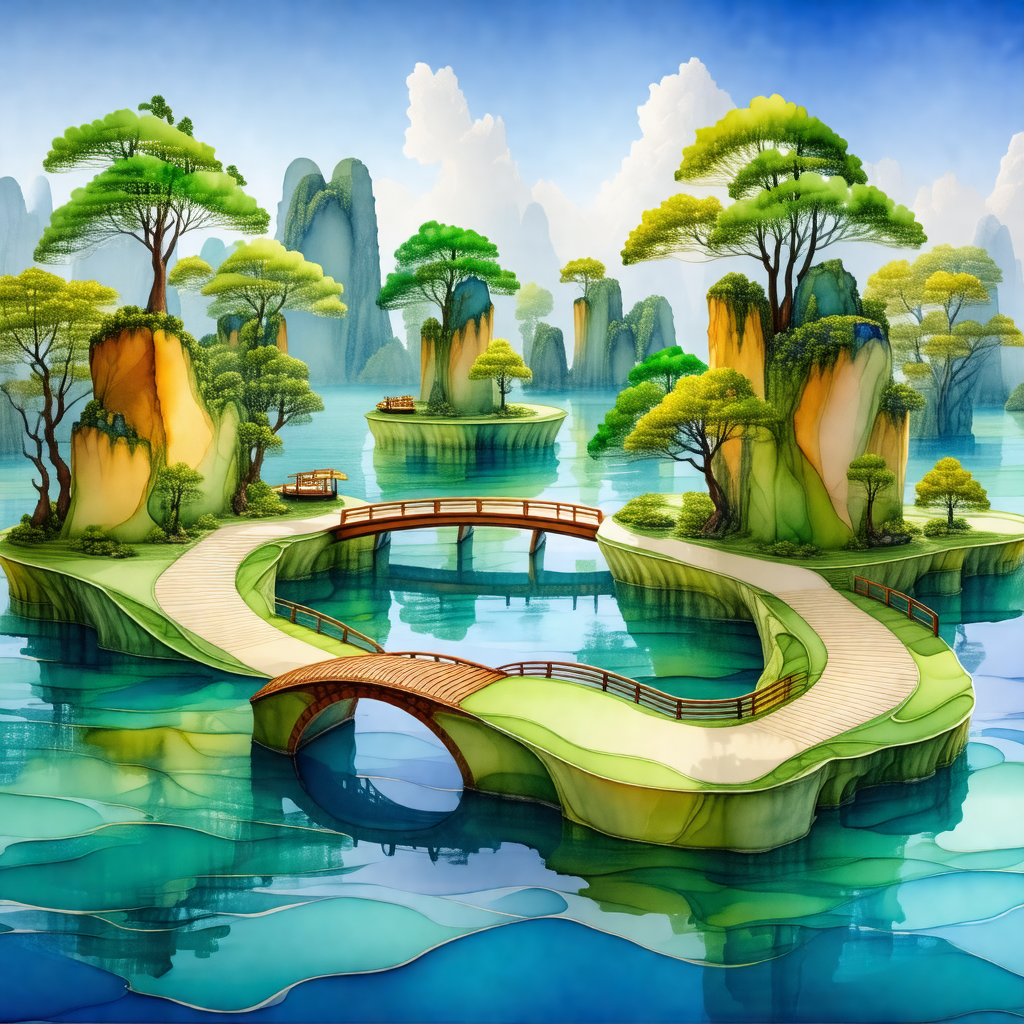 Painting of a beautiful island with a bridge leading to it