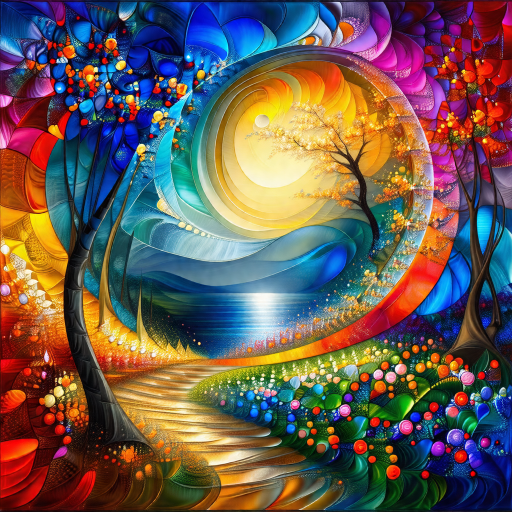 Painting of a beautiful landscape featuring a tree, a pat...