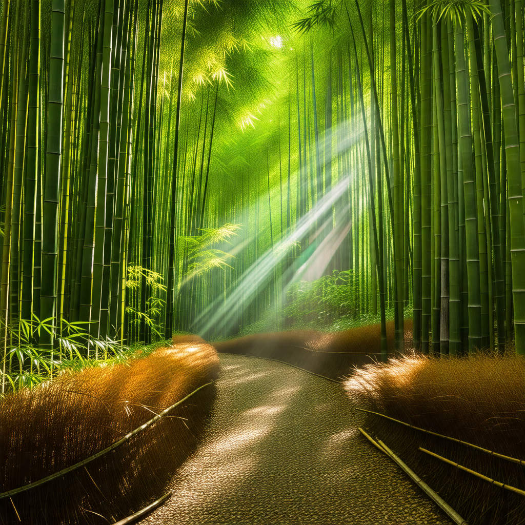 Pathway surrounded by a forest of tall, slender bamboo trees