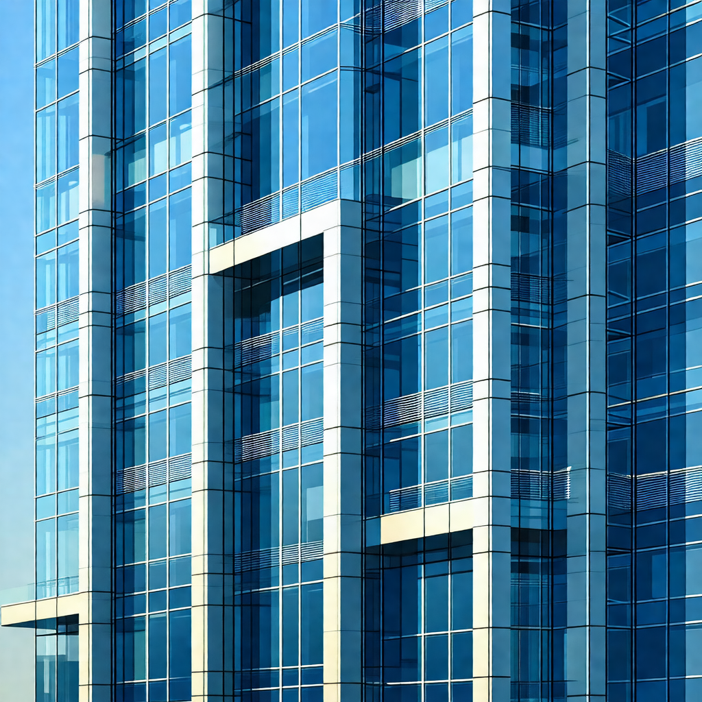 Tall, blue building with many windows