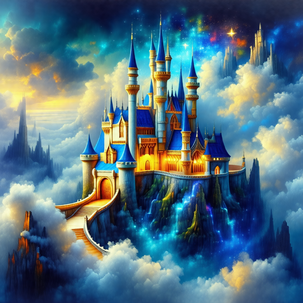 Beautifully drawn castle with a blue and white color scheme