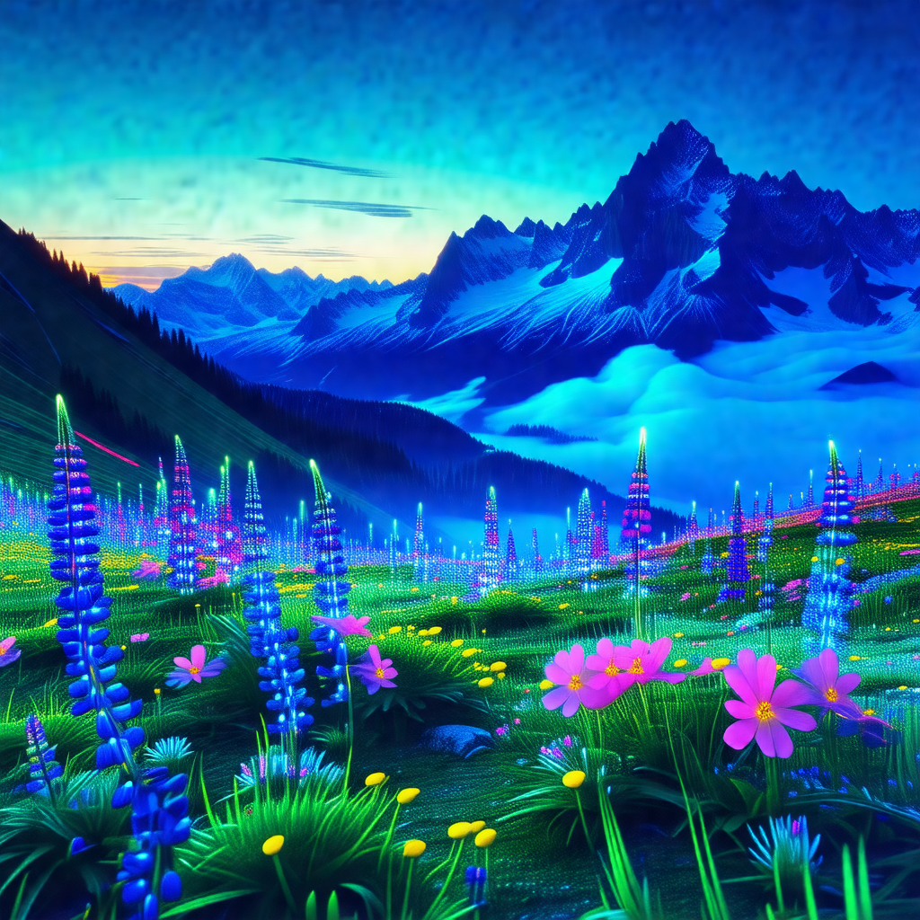 Vibrant, colorful painting of a mountainous landscape wit...