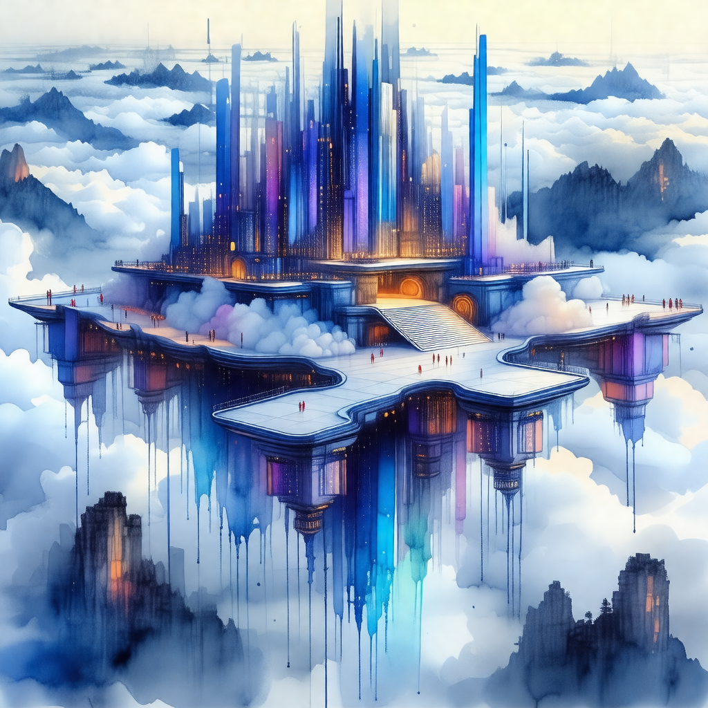 Colorful, artistic drawing of a large, futuristic buildin...