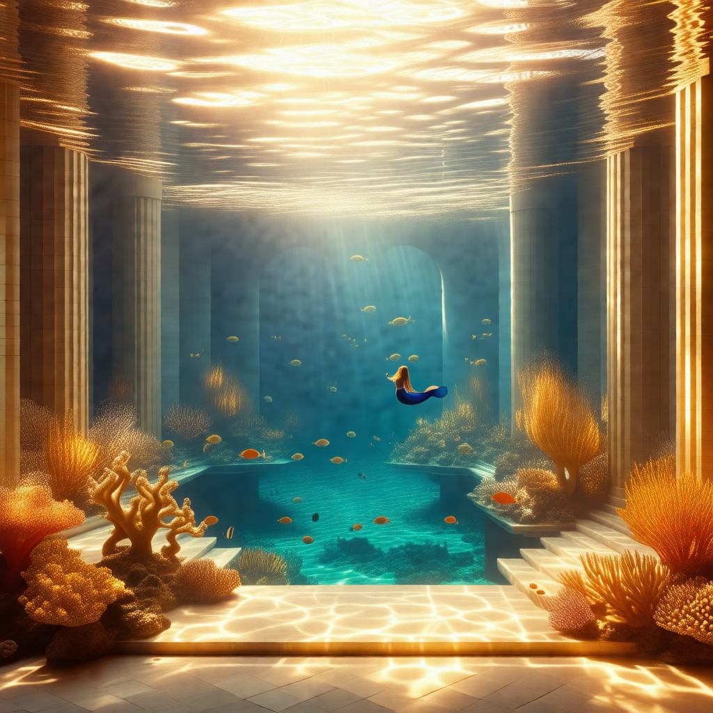 Painting of a woman swimming underwater in a large aquarium