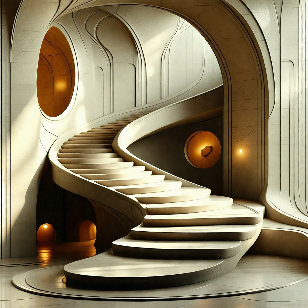 Spiral staircase in a building, with a large, round windo...