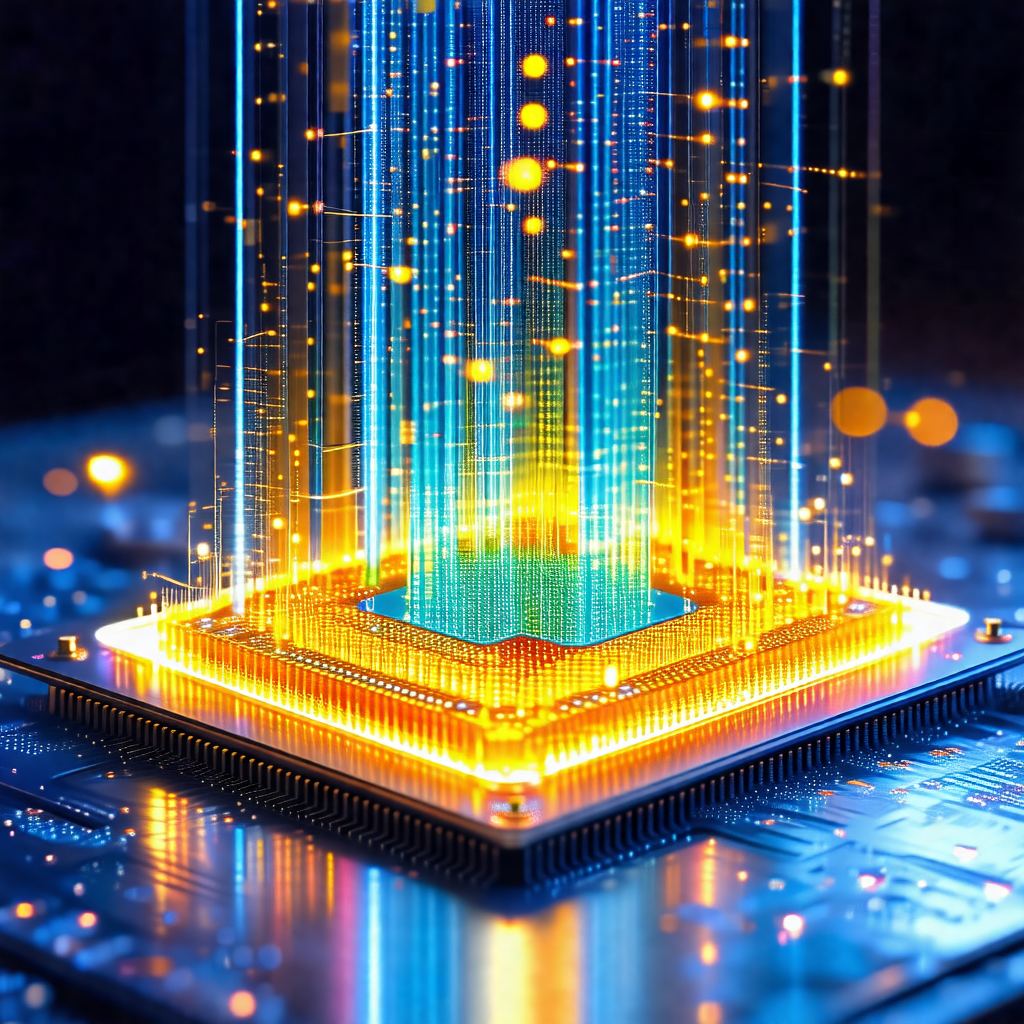 Close-up of a computer chip with a blue and yellow light ...