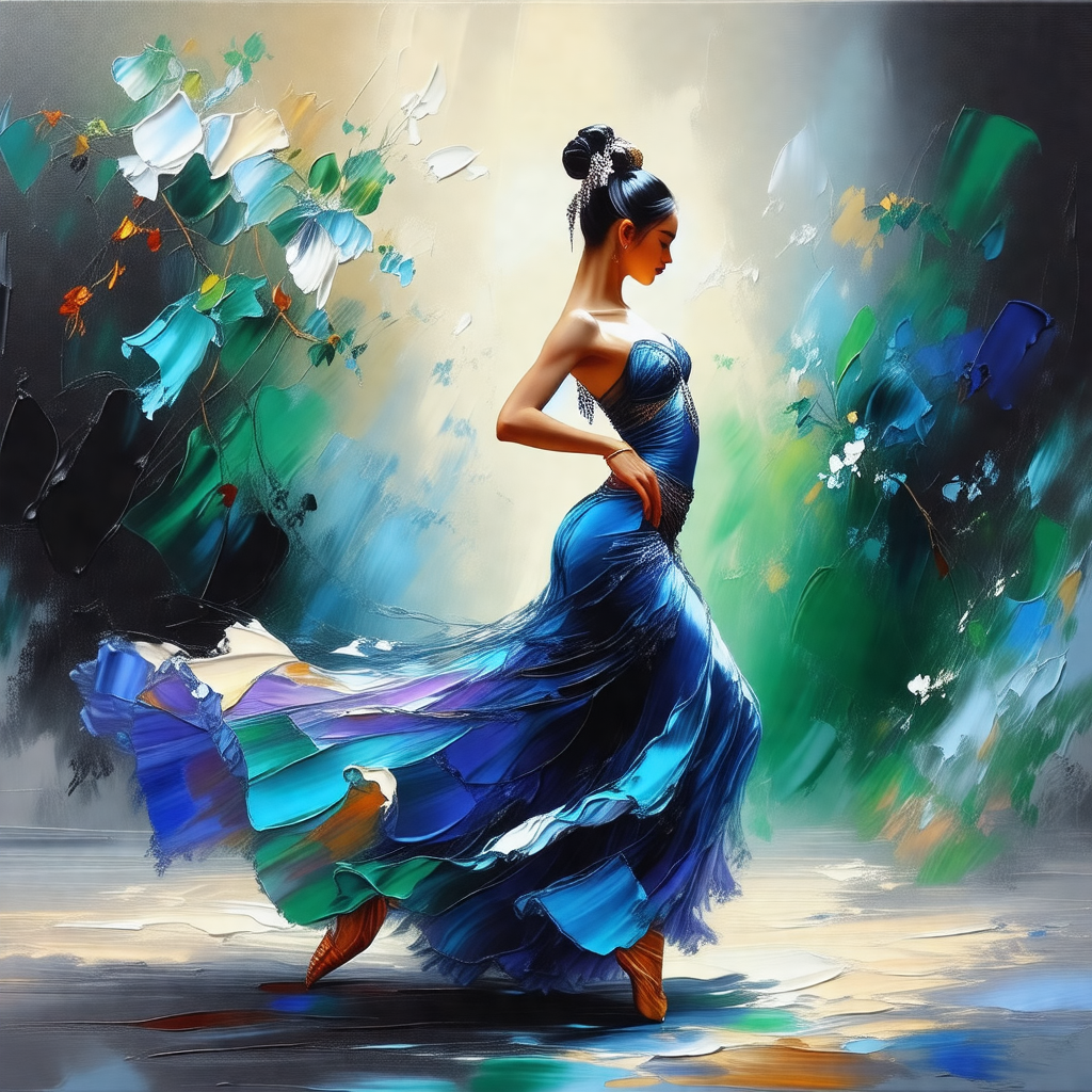 Woman in a blue dress, standing on a stage and performing...