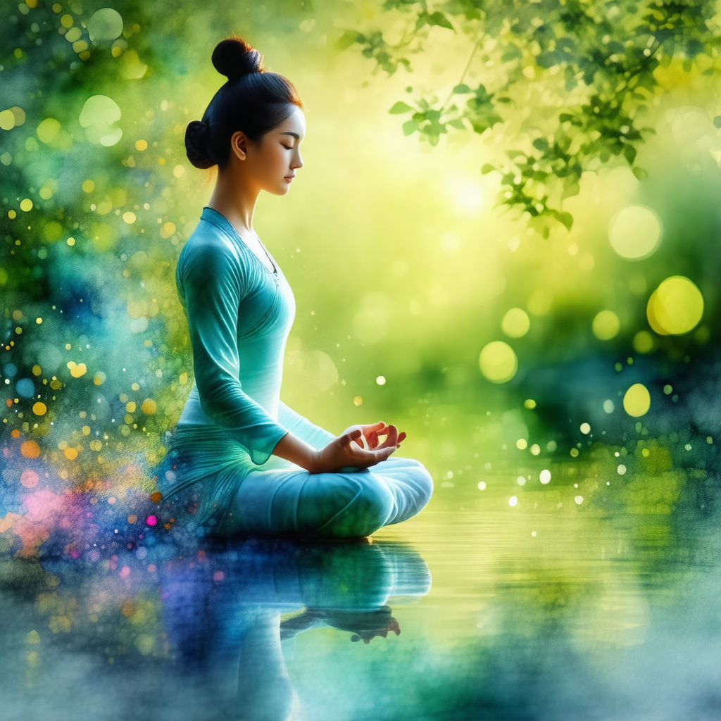 Woman sitting in a lotus position on a mat, surrounded by...