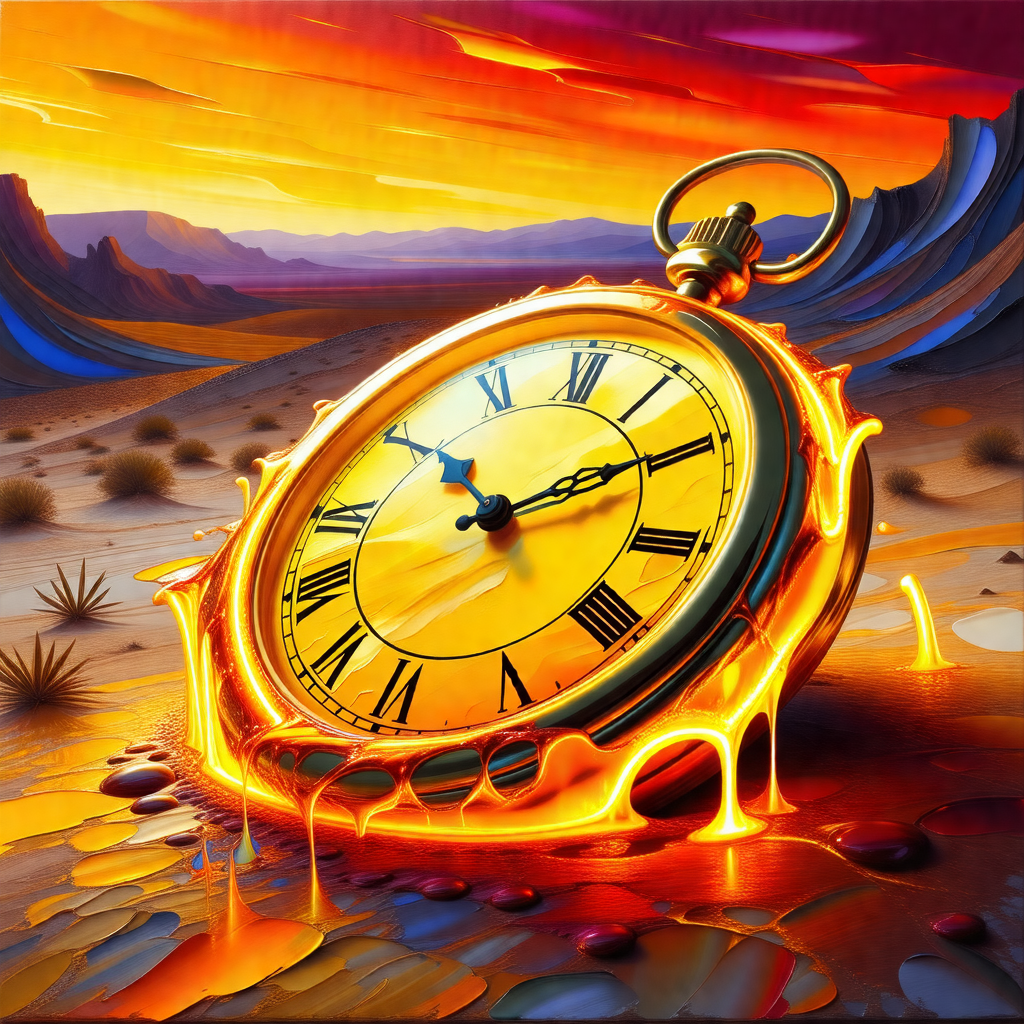 Large, golden clock sitting in a pool of orange liquid, w...
